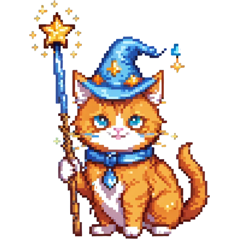 Orange cat with wizard hat and magic wand with sparkles emoji