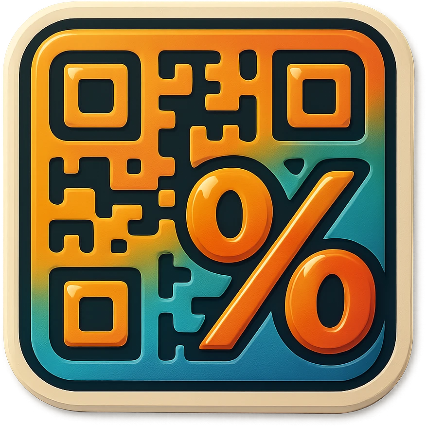 badge featuring a QR code that integrates a large percent sign (%) within it emoji