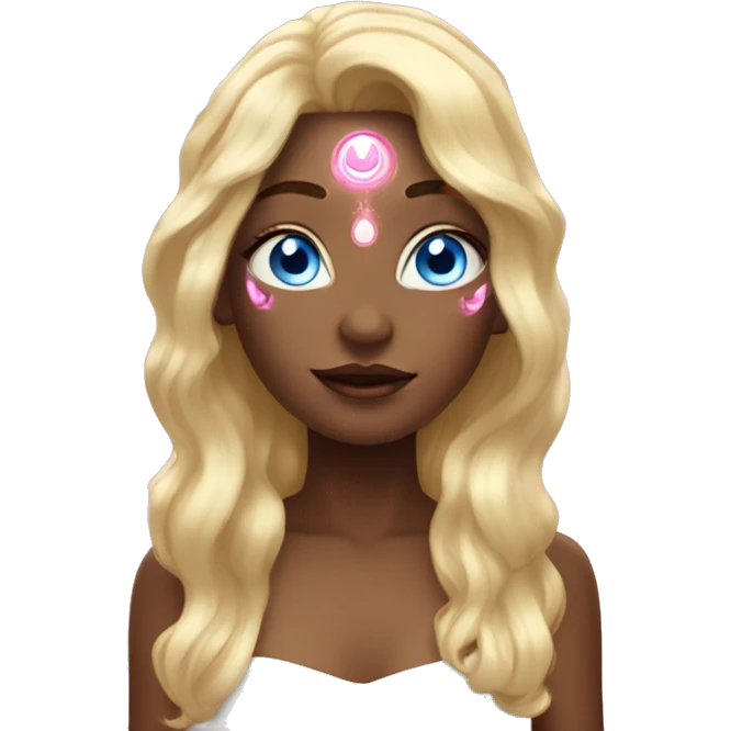 magical diva with thin pink andromedan face long blonde hair and blue eyes glowing third eye emoji