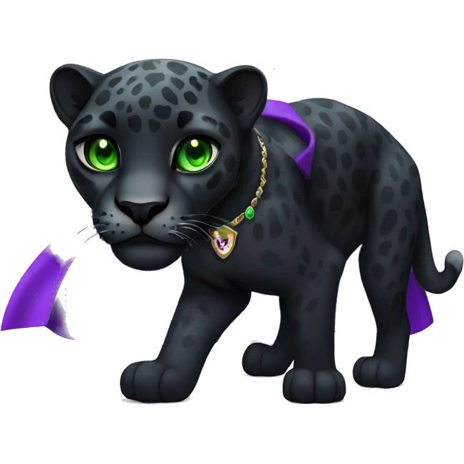 Adult black jaguar with green eyes and a cape with purple gemstones emoji