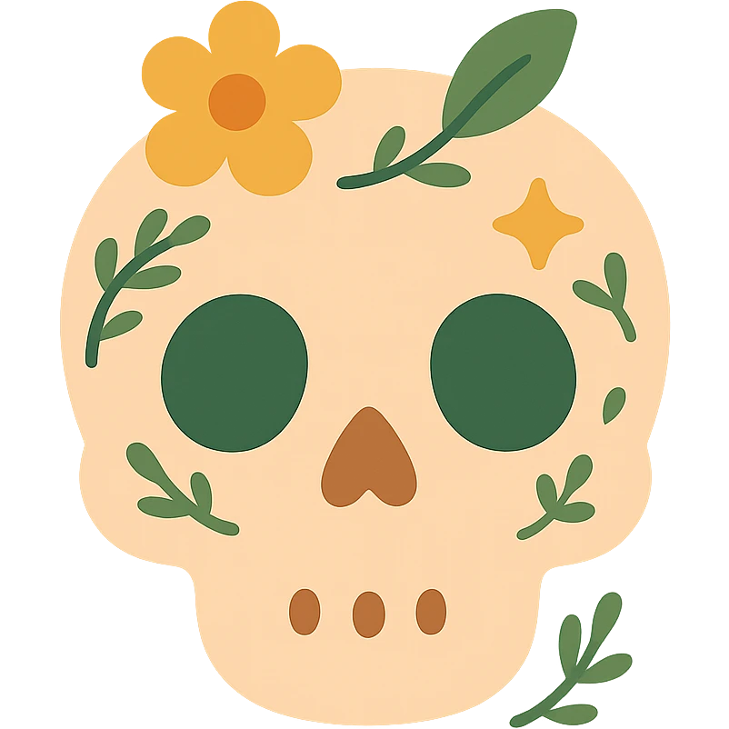 A cute and whimsical skull with a friendly expression, designed in a soft and charming color palette: golden orange (FA9B41), deep forest green (4A7C5C), warm taupe brown (96775A), and pastel peach (FFCC9A). The skull has rounded features and gentle curves, with big, expressive eye sockets that give it a sweet and non-threatening appearance. It’s decorated with floral patterns, tiny stars, or leaf motifs in the given colors, inspired by cozy or magical aesthetics. The background is softly lit, adding to the gentle and enchanting mood, making the skull feel more like a magical companion than something spooky. emoji