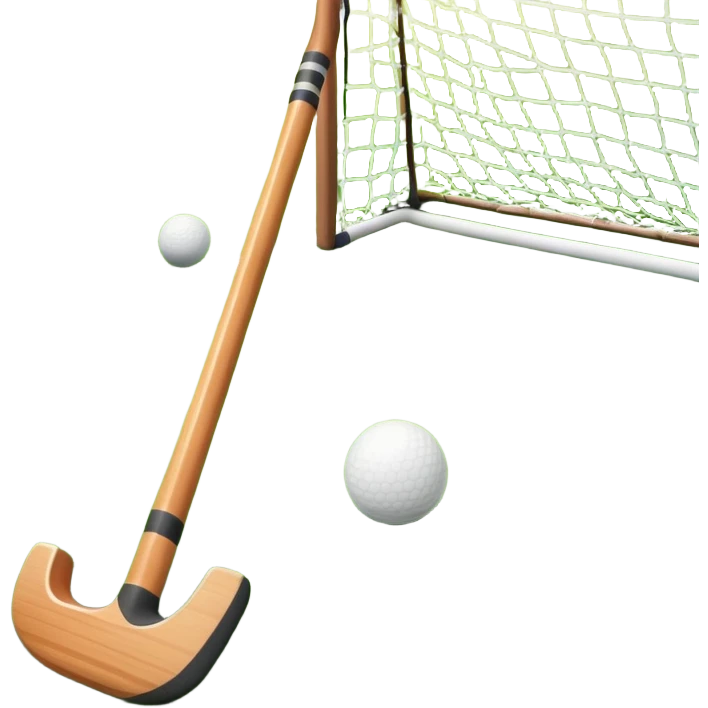 field hockey stick and ball on green grass field with goalposts in background emoji