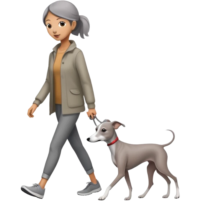 Asian girl walking an all grey Italian greyhound with no white nose, completely grey dog emoji