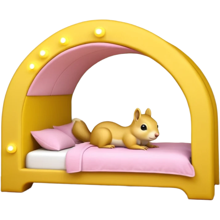 The features a bed themed as a large, cheerful, yellow squirrel. The squirrel's head forms an archway over the bed, with large black eyes, a small pink nose, and prominent white cheeks. The bed frame and arch are bright yellow with integrated yellow LED lighting running along the curves.  emoji