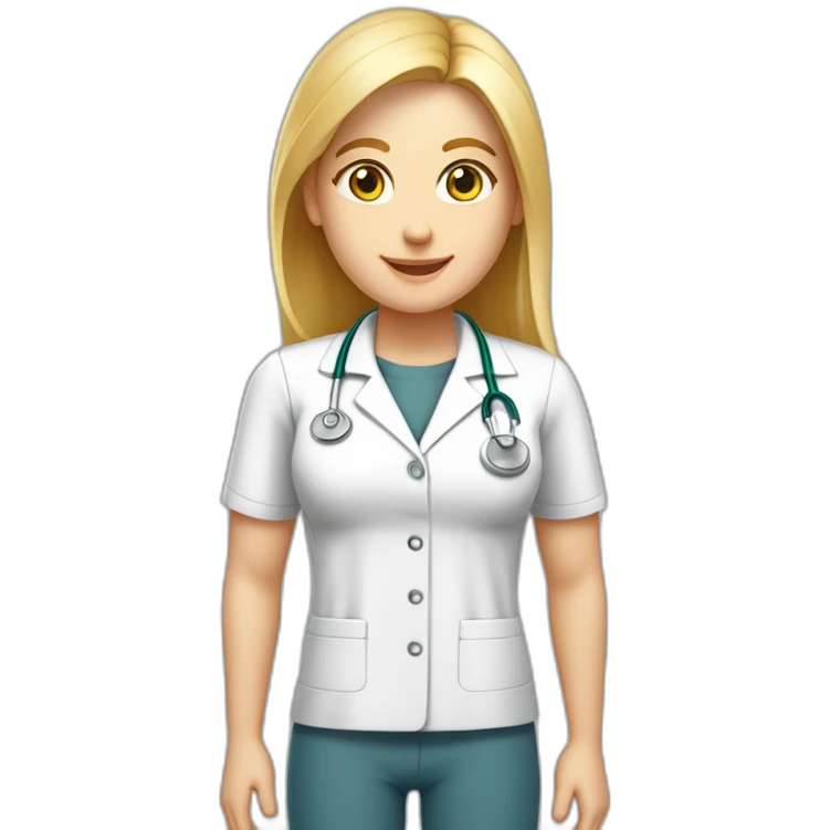 Crea un avatar de medio cuerpo de una nutricionista rubia con ojos grandes y de color gris, cara fina, pelo rubio y largo, ojos grises, uniforme blanco, no incluí ningún elemento médico  emoji