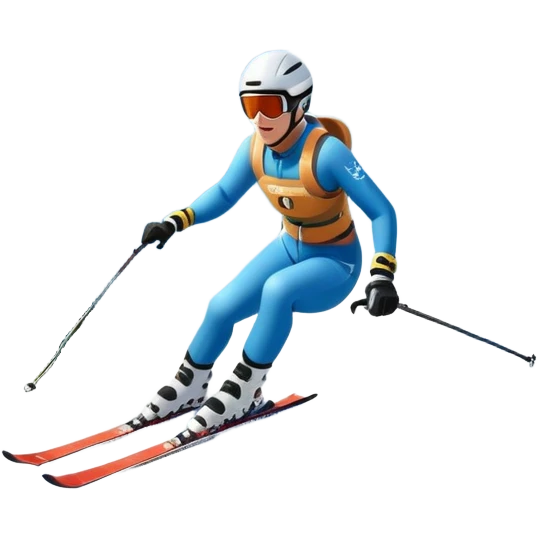 An icon featuring snowy peaks, pine trees, and a picturesque mountain landscape with a skier racing down a snow-covered slope, The sky is blue with soft clouds, capturing the thrill and beauty of alpine skiing. Transparent background highlights the excitement and serenity of winter sports. emoji