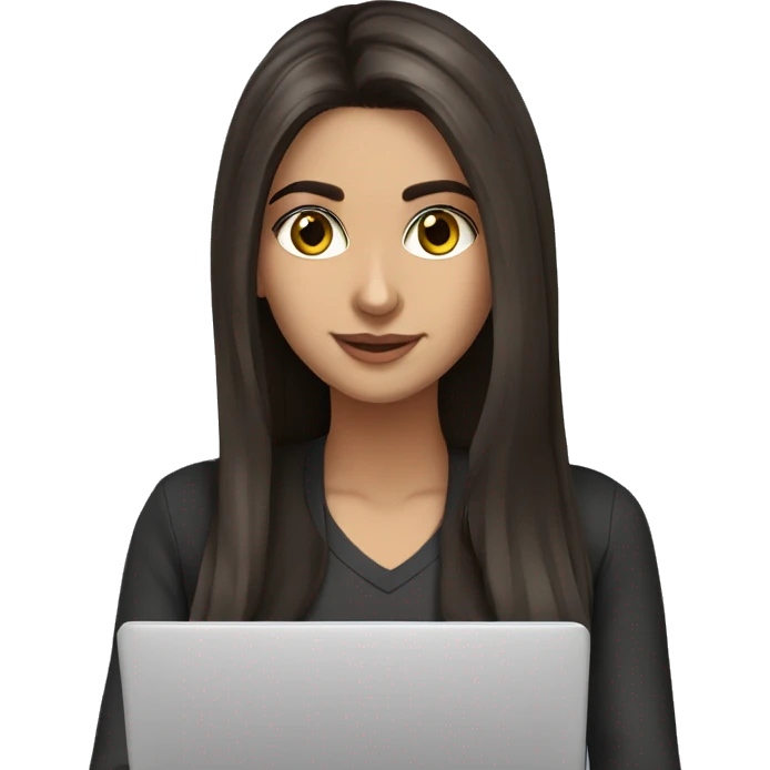 Beautiful Armenian girl, brunette, long hair, Black eyes, typing on laptop emoji