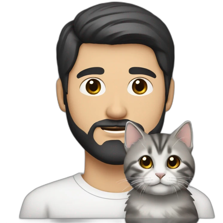 Uzbek white guy with beard and short black hair and brown eyes carrying a mostly grey and little bit of white Siberian cat emoji