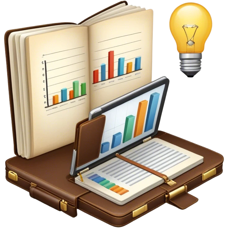 Icon for Business Reading: a prominent open book in the foreground with a briefcase, a laptop, and a notepad around it, with a bar graph and a lightbulb symbolizing ideas and growth. The icon should represent the knowledge and strategy of business literature. Transparent background. emoji