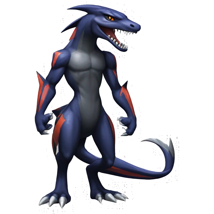 Black, Modern, Cool, Edgy, Badass, Punk-style Garchomp-Nargacuga-Sergal Fakémon-Digimon with sharp edgy striking detailed stripe-markings,  full body emoji
