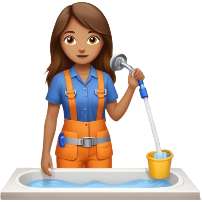 beautiful girl with long brown hair constructing new bathroom area with new shower and amenities  emoji