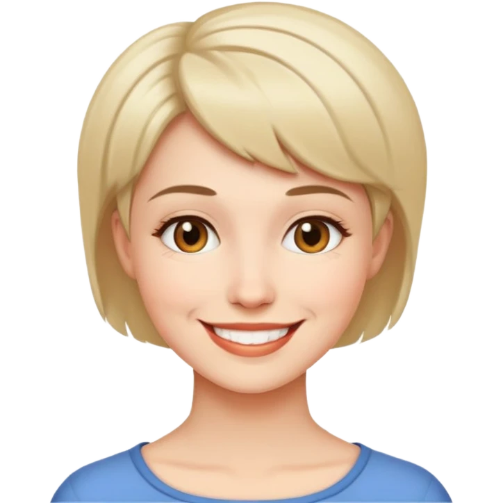 "- Nữ
- 40 tuổi
- Da trắng
- Tóc ngắn
- Mặt cười
" emoji