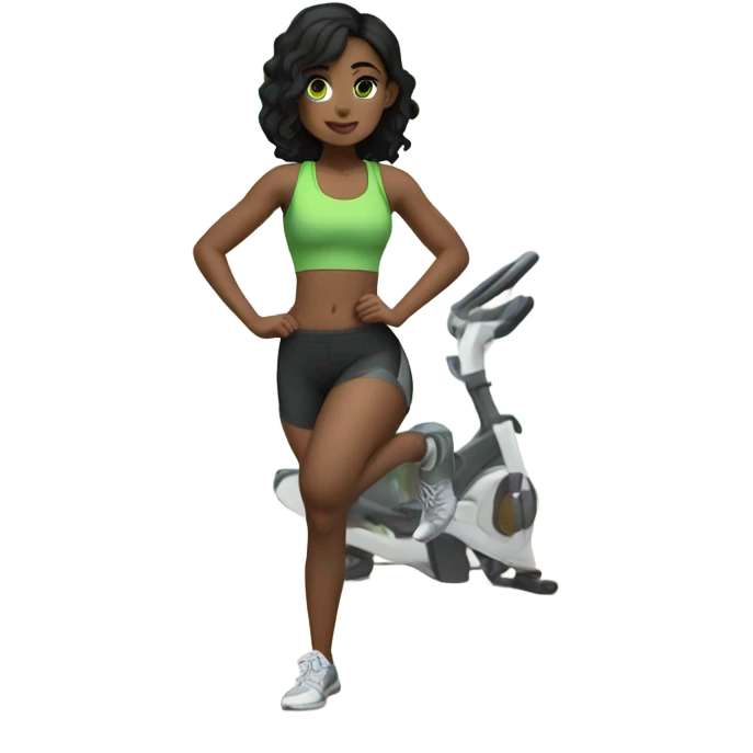 a girl with black hair and green eyes at the gym emoji