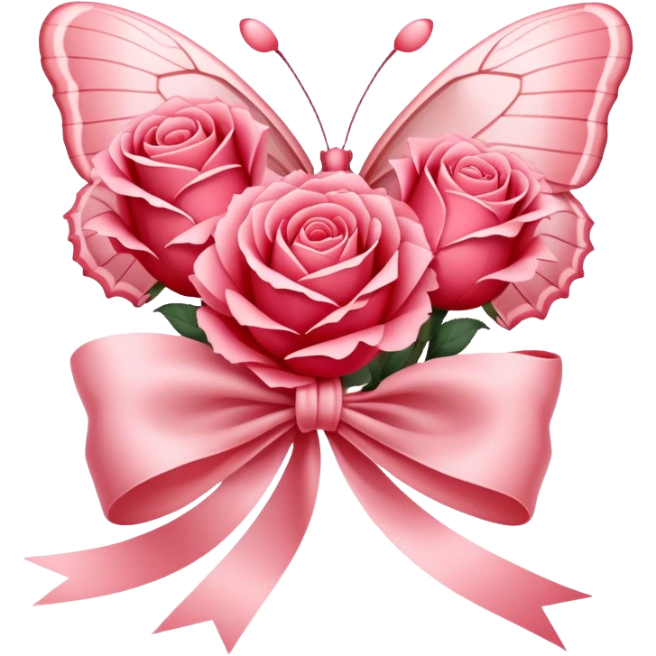 "Lush Blush Red roses wrapped in a silky Rose Quartz ribbon, their beauty enhanced by a fluttering Carnation Pink butterfly. The scene radiates romance and grace." emoji