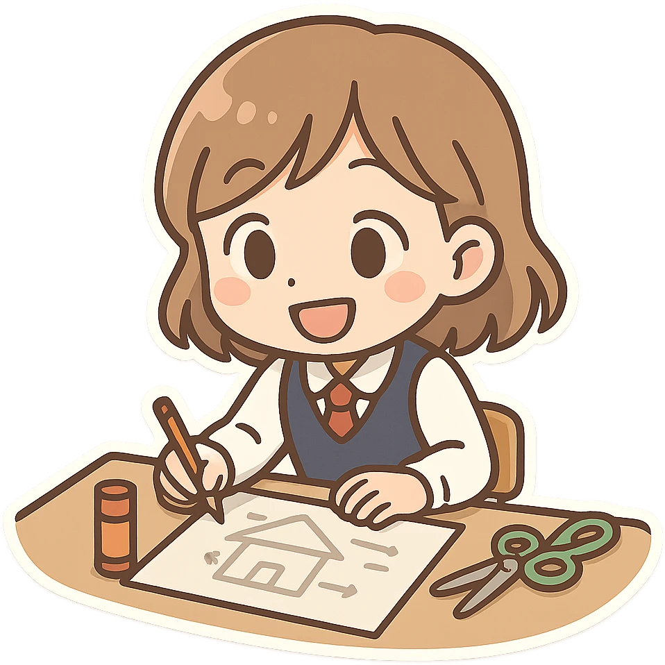 female student wearing white long sleeves and a navy blue vest, smiling and working on a school project, collaborative atmosphere, chibi sticker style emoji