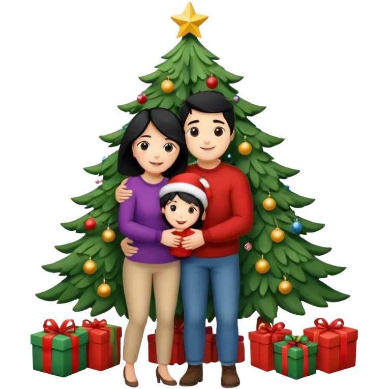 Generate Christmas-style emojis  family. Where light-skinned people stand near the tree all together, hugging and smiling. 2 girl should be Light-haired woman, 1 woman black-haired woman, and 1 man  emoji