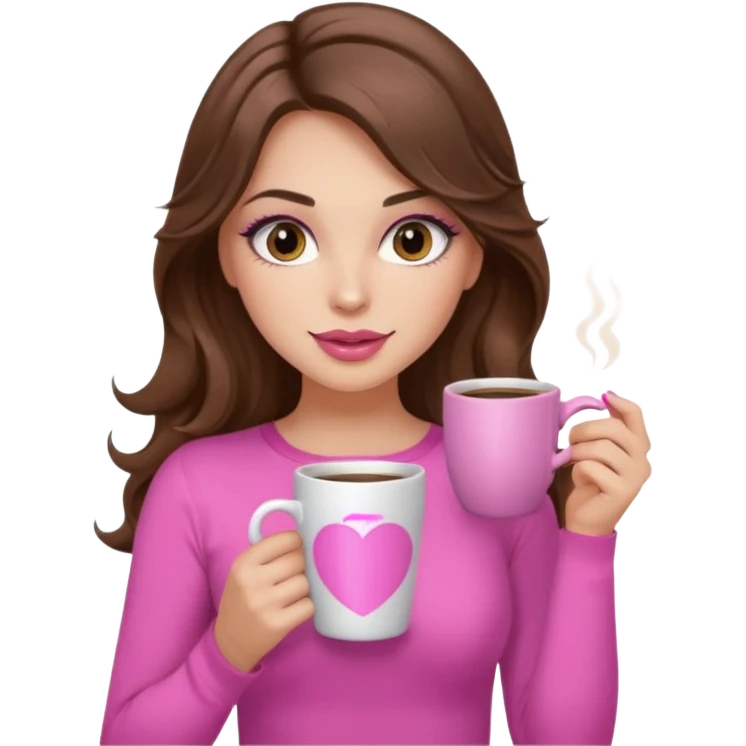 girl with long wavy brown hair, brown eyes, long lashes, makeup, ,sexy pink lips, light to medium complexion, pink sexy top, with a coffee mug emoji
