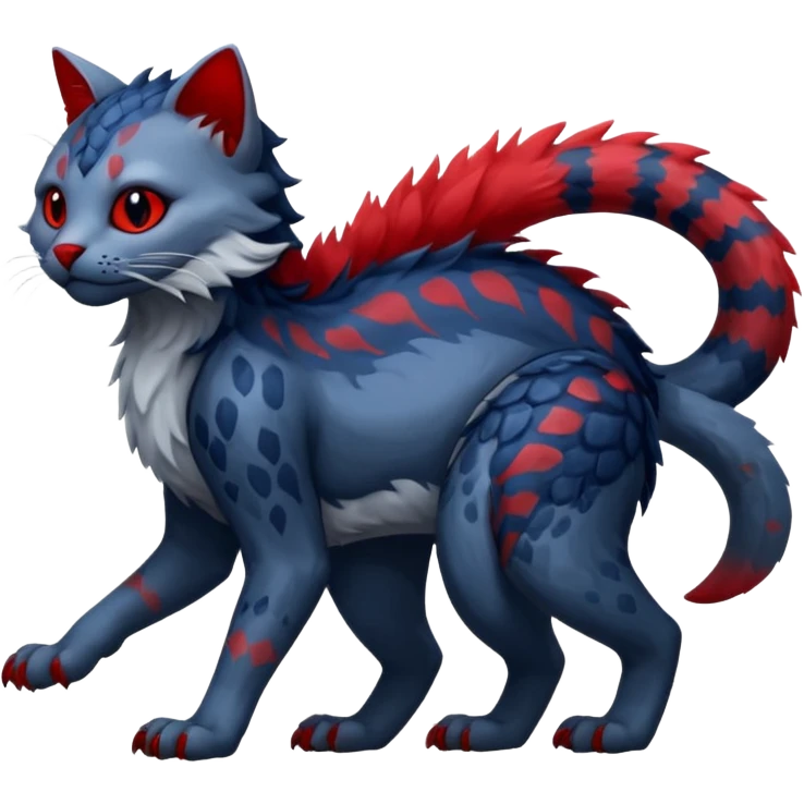 midnight blue-gray-black, with red markings, white belly, scaley scaly batty feline-like quadrupedal digitigrade furry feral Bastet-Noibat-Gatomon-Garchomp-Digimon-Fakémon-Pokémon-creature (full body) emoji