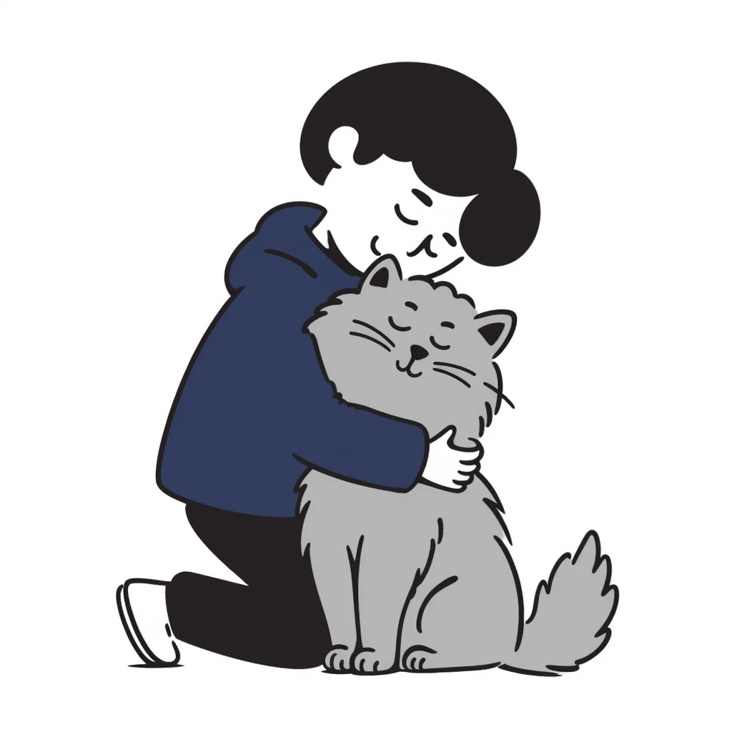 Brunette girl with dark blue sweatshirt snuggling a fluffy grey Siberian cat, warm embrace emoji