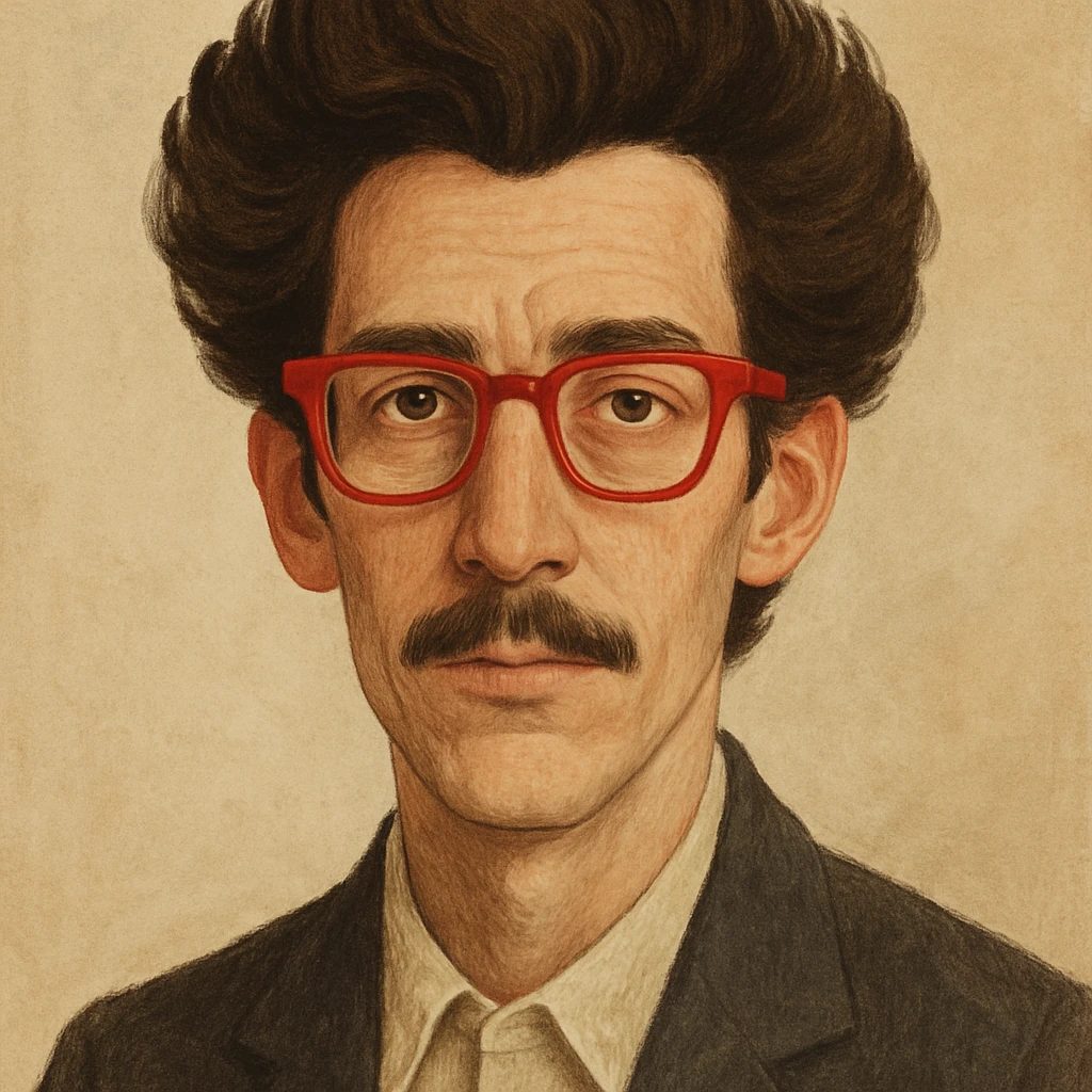 slightly elongated face of a man with red glasses and a big set of brown hair, style 4 emoji