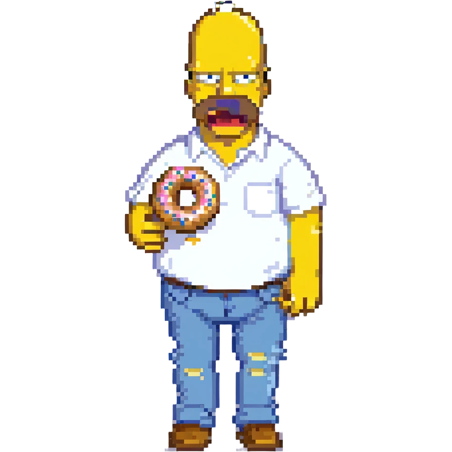 Homer Simpson pixel art style, yellow skin, white shirt, blue pants, bald with two hairs on top, eating a donut emoji