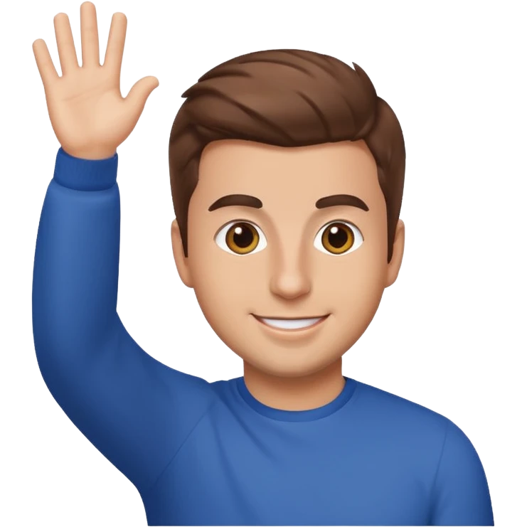 Brian Chesky as an apple-style emoji, waving, brown hair, cheerful emoji