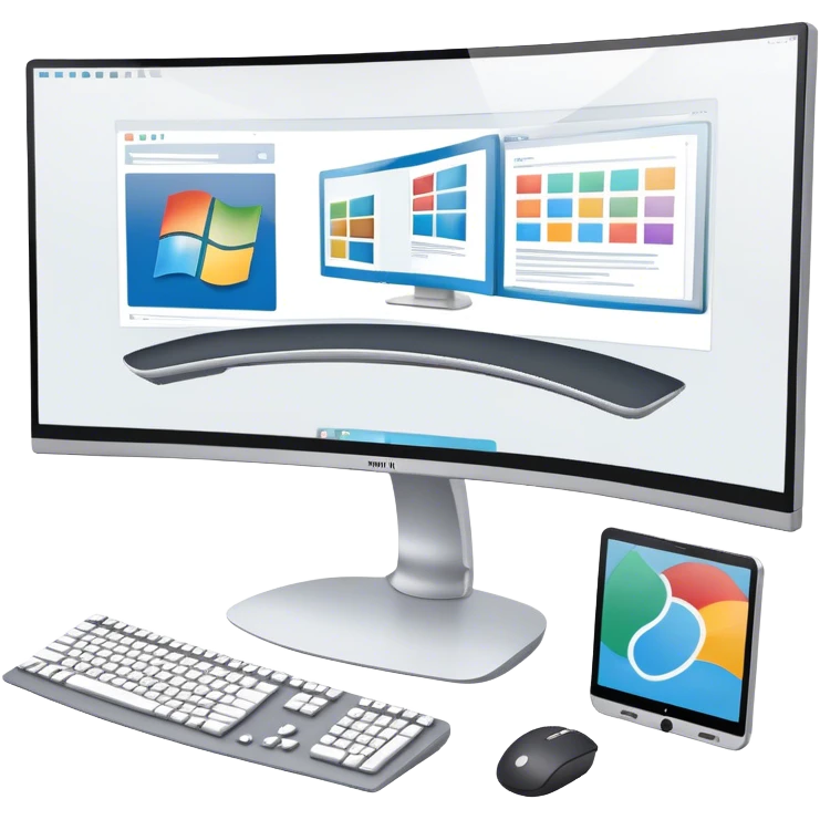 Create an emoji for UX/UI design. Show large curved monitor displaying windows with UX/UI design HTML program interface. Include a mouse, keyboard, and stylus next to the screens. Use modern, professional colors. Do not include any emojis or smiley faces. Make the background transparent. emoji