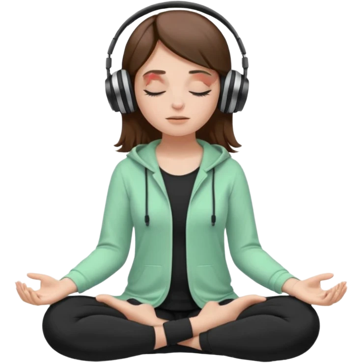 White girl, brown hair meditating with headphones on and black and pastel green clothes, eyes closed emoji