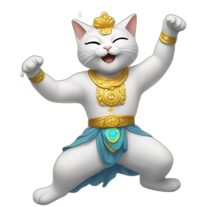 a cat dancing with a god emoji