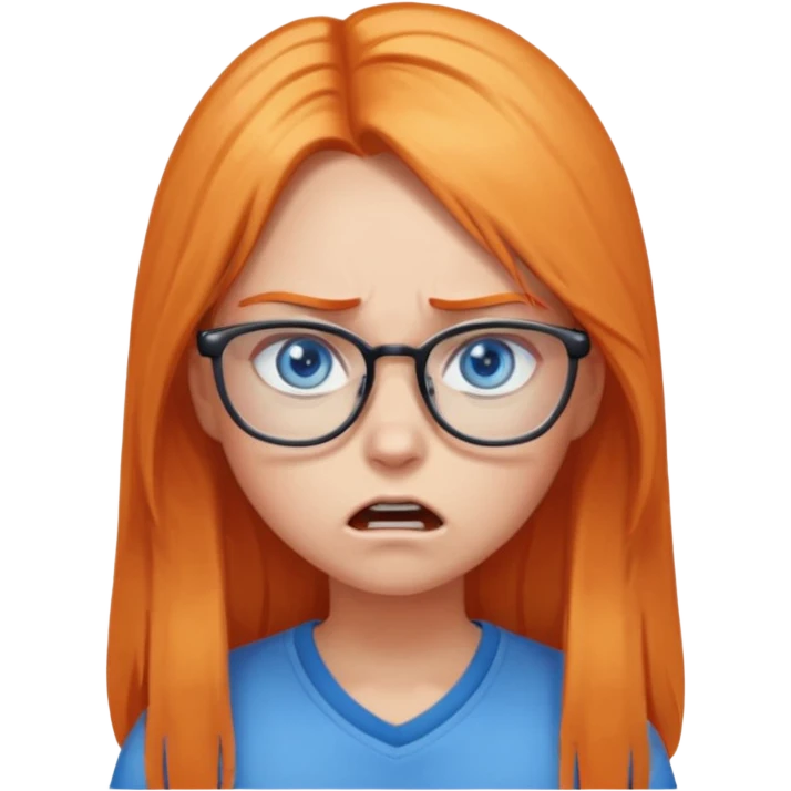 a girl with blue eyes, glasses and light orange long hair angry emoji