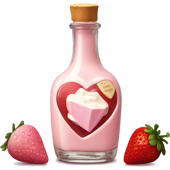 Antique heart-shaped bottle with butter, made of red crystal and crystals, white cream and pink strawberry milk pour from the bottle emoji