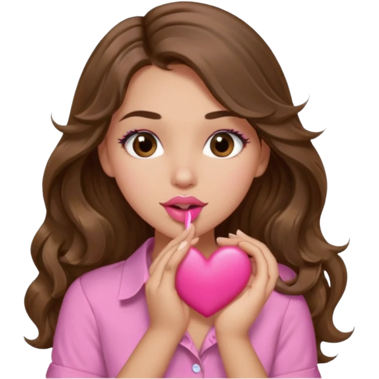 girl with long wavy brown hair, brown eyes, light to medium complexion, in a pink shirt, pink lips, long lashes, puckering up for a kiss, kiss lips and big heart in hand emoji