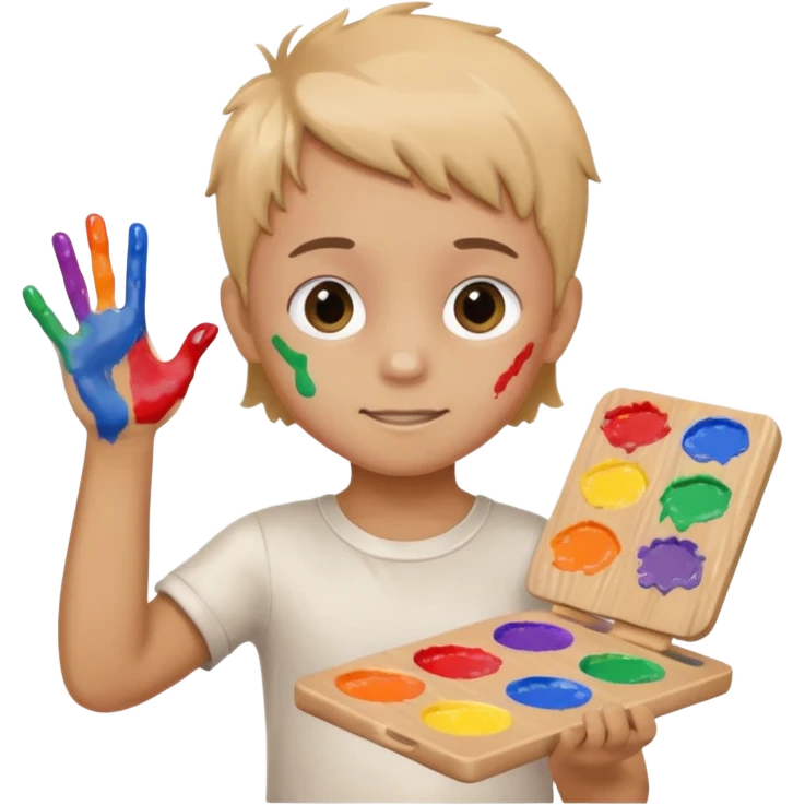 Kid with finger-painted hands and body, palette emoji