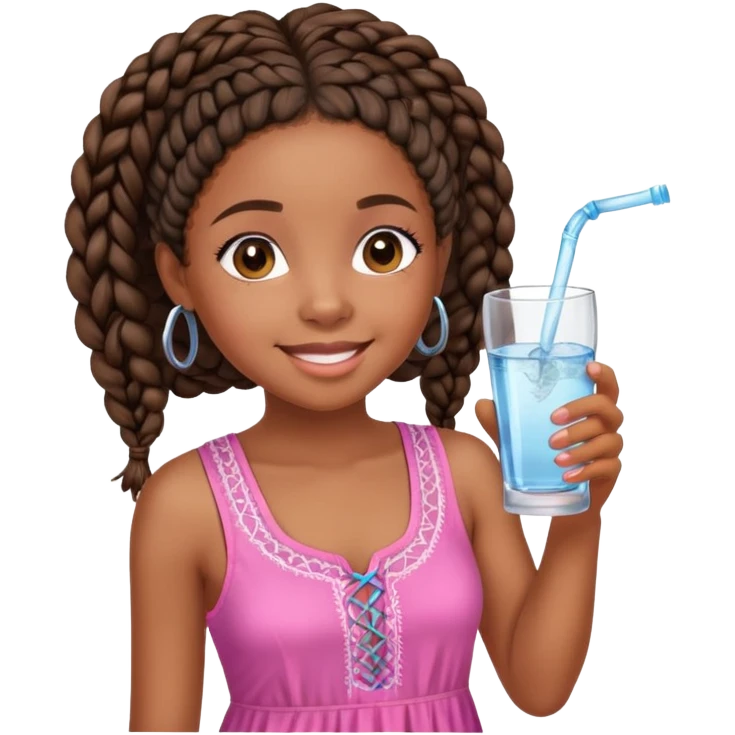 A young afro girl with African braids drinking Water. She has a happy face and is dreesed on pink emoji