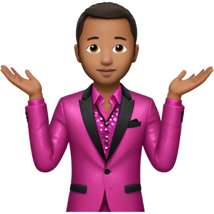John Legend with dark brown hair, dark pink sequin suit jacket, red shirt emoji