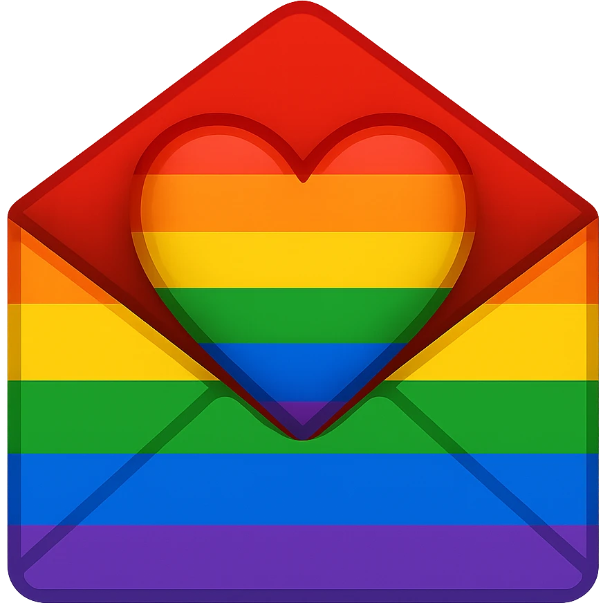gay pride emoji, rainbow envelope, open with heart emoji