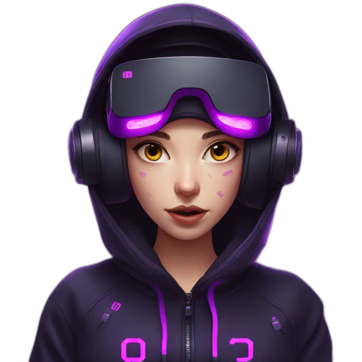 Russian girl wearing black hoody with violet letters "OMG", in vr headset. Cyberpunk style. Violet neon. emoji