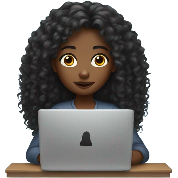 Black girl with long curly hair trying to work on laptop  emoji