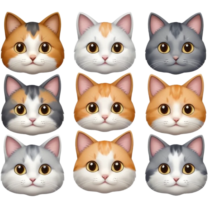 6 realistic looking cats with different natural coloured coats, assorted grey and white, greys, calico, brown and white colours etc
 emoji
