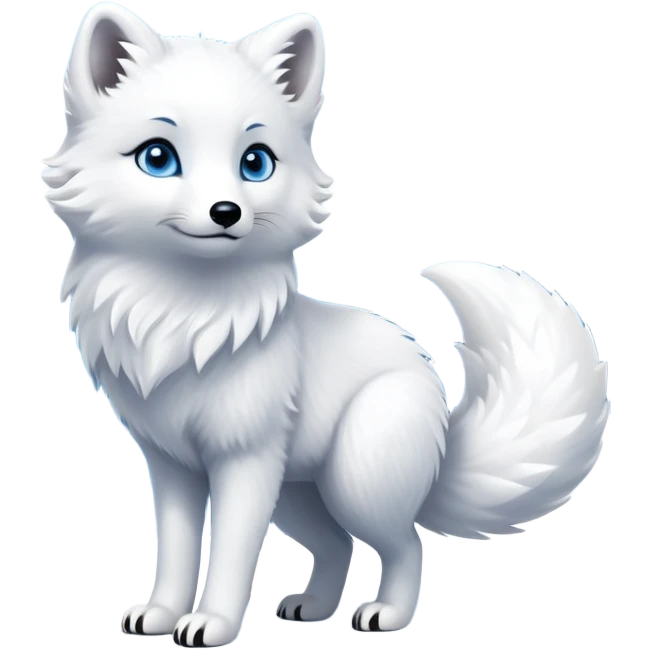 cinematic-arctic-fox-realistic-full-body-standing-emoji,-fluffy-tail-curled-slightly-around-its-white paws,-thick-sleek-white-fur-blending-into-the-snowy-landscape,-head-tilted-dramatically,-bright-blue-eyes-glistening-with-intelligence,-simplified-yet-realistic-focused-features,-highly-detailed,-glowing-with-an-almost-sarcastic-glow expressive eyes emoji