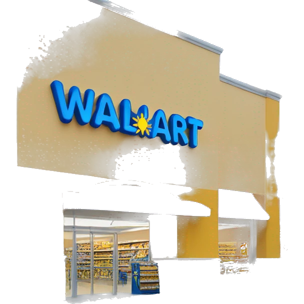 “Walmart store with a simple, recognizable design, featuring the iconic sunburst logo, blue and yellow color scheme, and storefront details that convey a large retail environment.” emoji