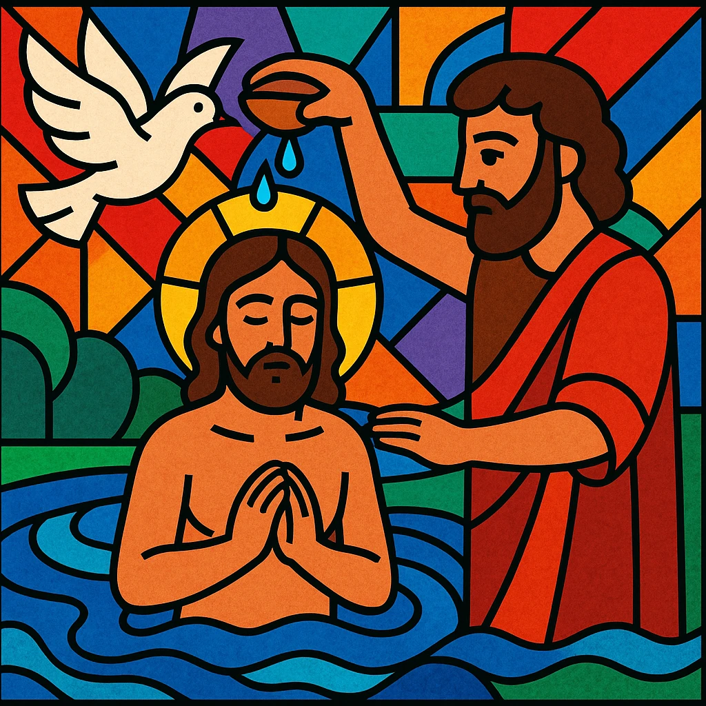 Christian baptism, stained glass effect, vibrant colors emoji