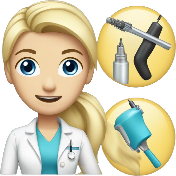 female dentist blond hair in a ponytail with blue eyes holding drill emoji