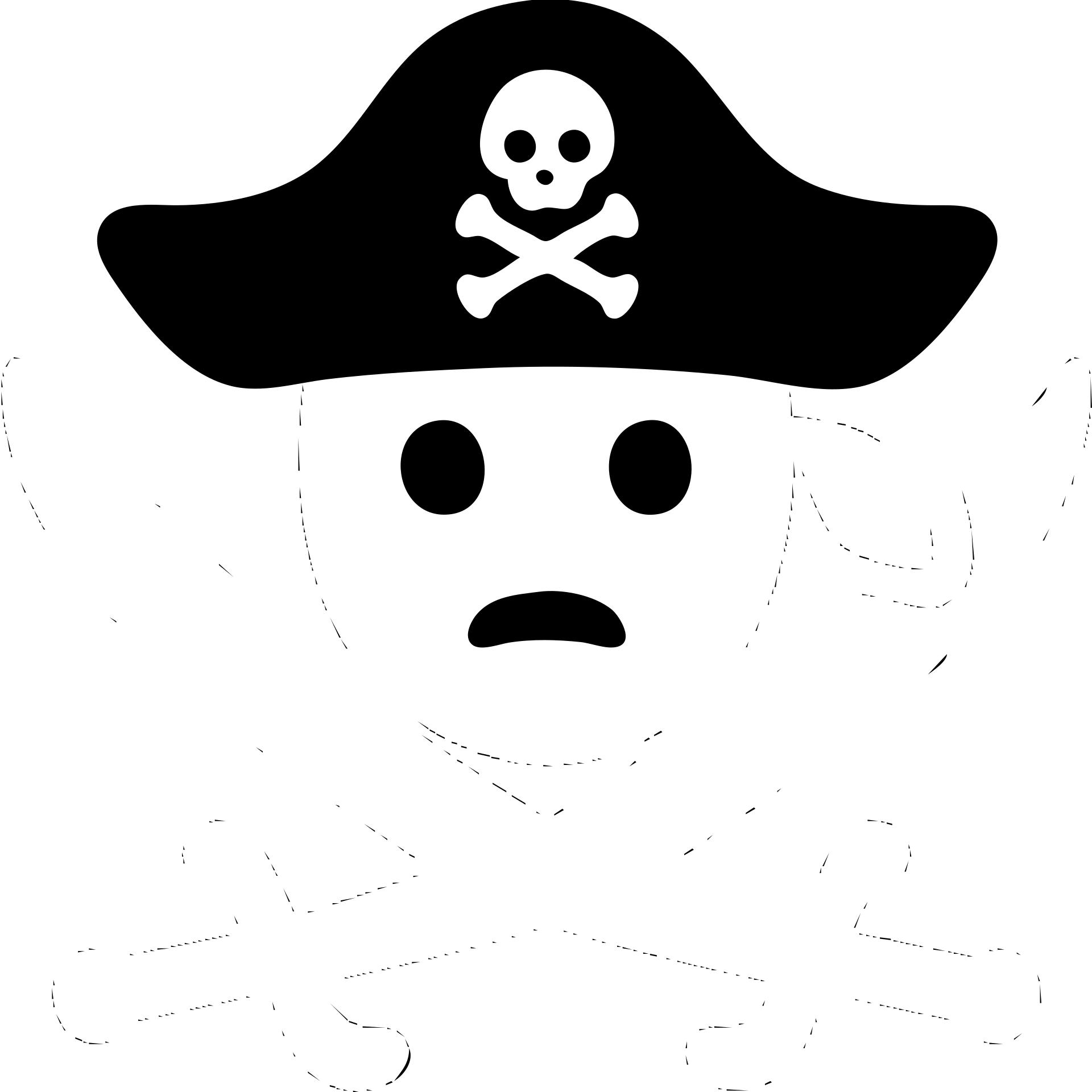 Change the swords and the pirate head to green. Ensure the background behind the swords and the head is pure white and hollow, with no black fill or shadow. Keep the hat black with the small skull-and-crossbones symbol. Maintain the clean, bold icon style. emoji