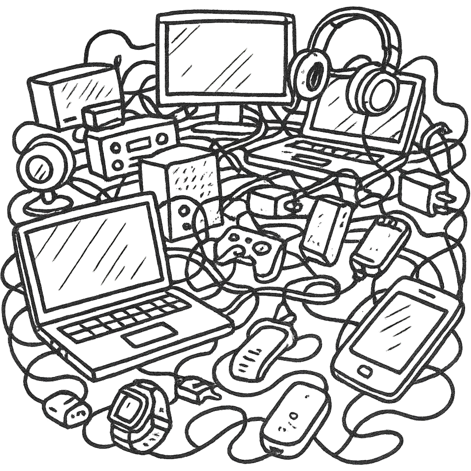 chaotic scene with too many gadgets and screens, hand-drawn outline style emoji