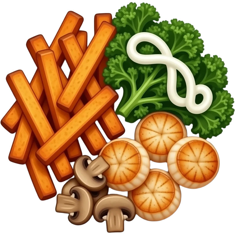 Realistic plate of sweet potato fries, kale, scallops, mushrooms and sour cream emoji