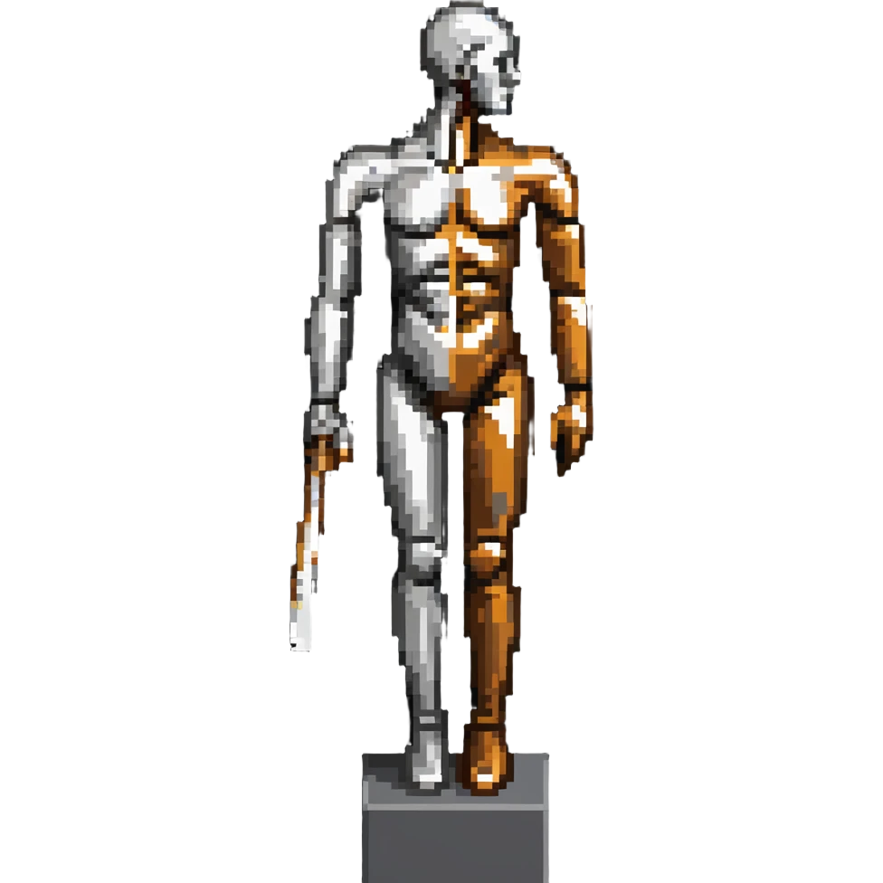 A paintbrush transforming into a silver metallic human silhouette sculpture with bronze accents, symbol of artistic identity emoji