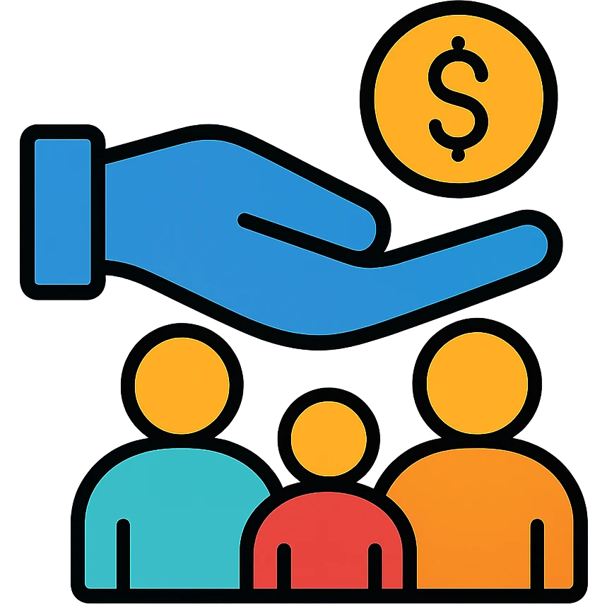 Hand giving money to a family, financial support and contribution emoji