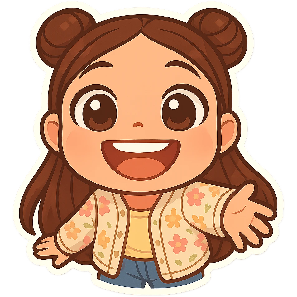 Create a chibi sticker of the girl from the reference image with a wide fish-eye smile close to the camera. She has brown straight hair styled in double buns, brown eyes, wearing a pastel floral cardigan and jeans. The sticker should have a white outline and a transparent background, sized 512x512px. emoji