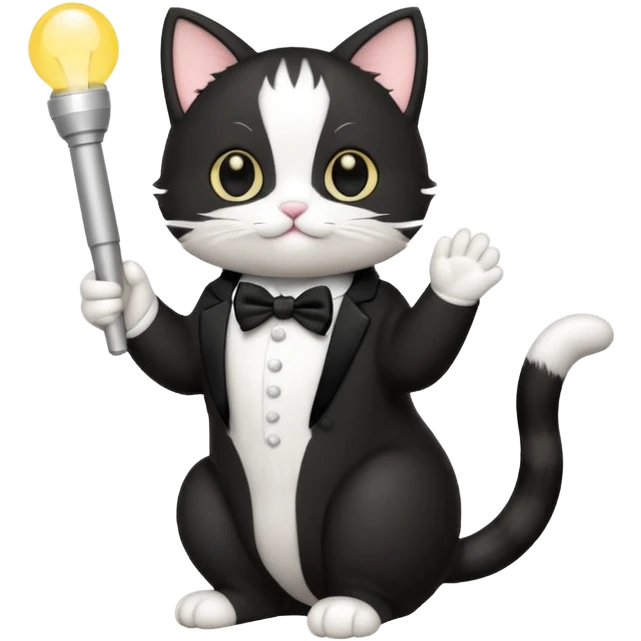chibi cute tuxedo cat waving holding a light stick emoji